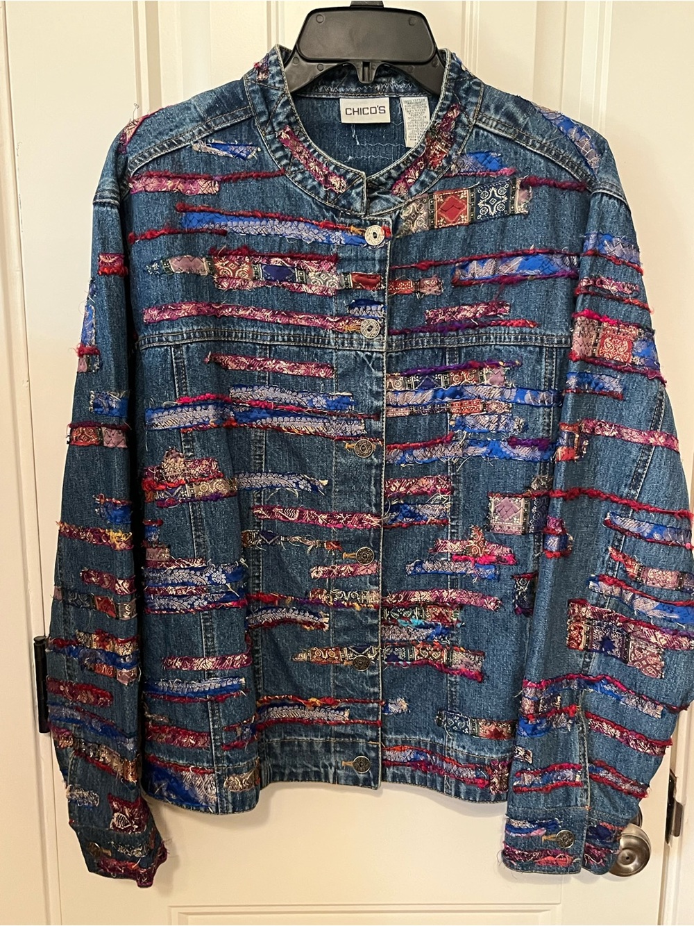 Chico's SIZE 3 Dark Blue Denim Jacket with Multicolor Embroider Patches